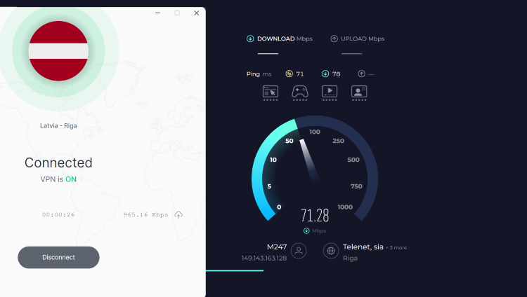 TotalVPN speed test results unblocking Rainbet