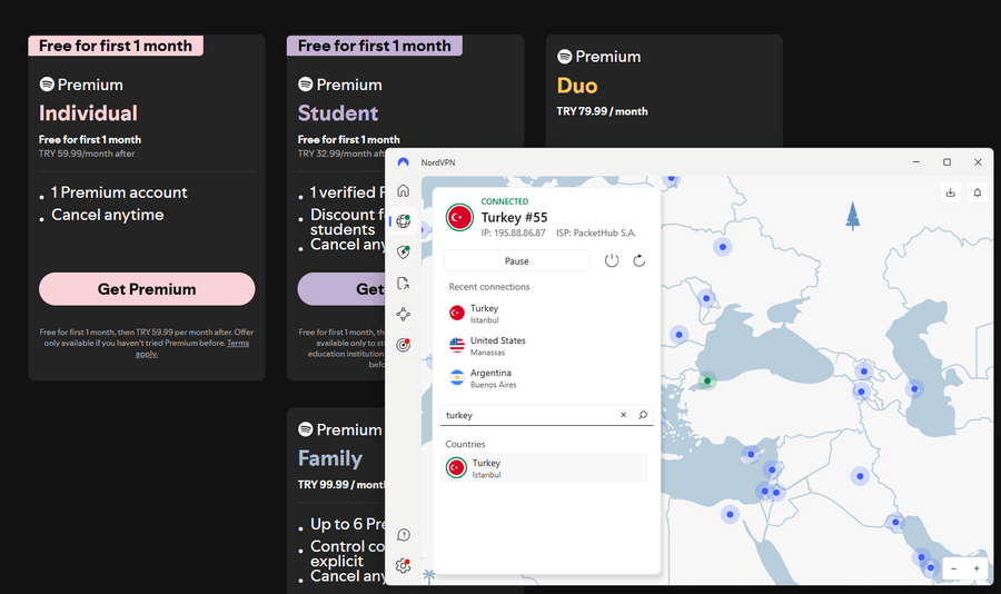 Spotify NordVPN Turkey server