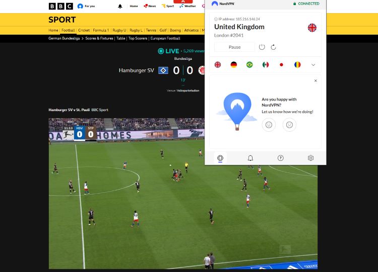 Screenshot BBC Stream HSV St. Pauli Bundesliga