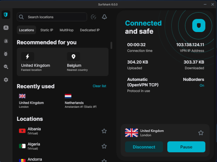 The Surfshark interface on its Windows app