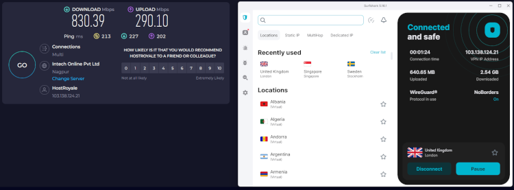 Surfshark’s speed test results when connected to its servers in the UK