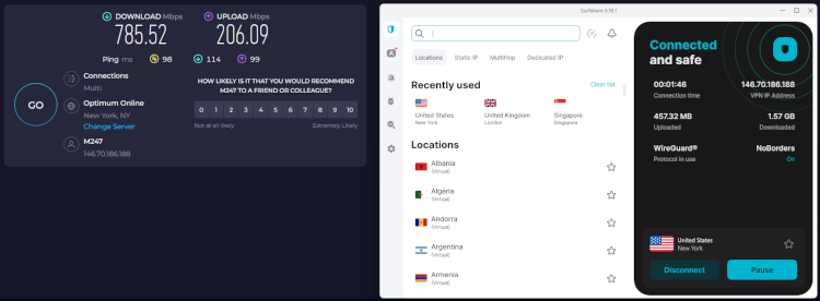 Surfshark’s speed test results when connected to its servers in the US