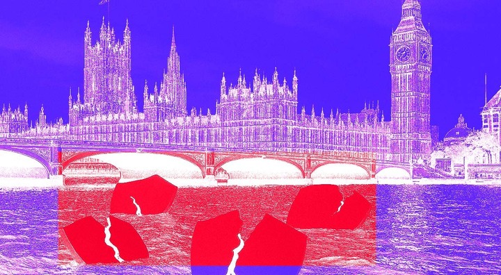 blue Uk parliament, clock tower, river, red vpn shields drowning