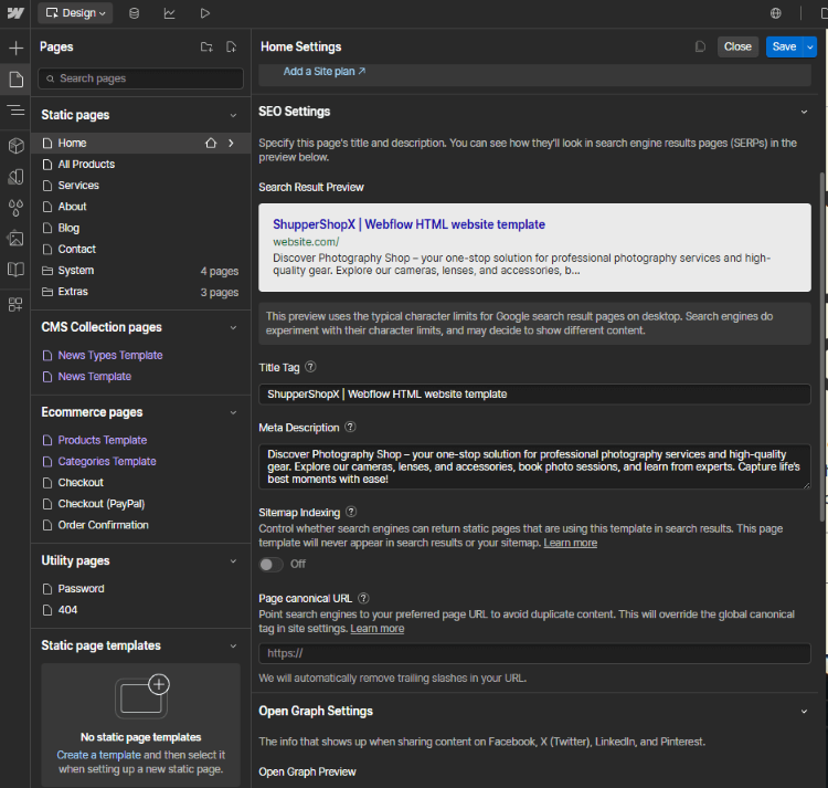 Webflow's built-in SEO settings