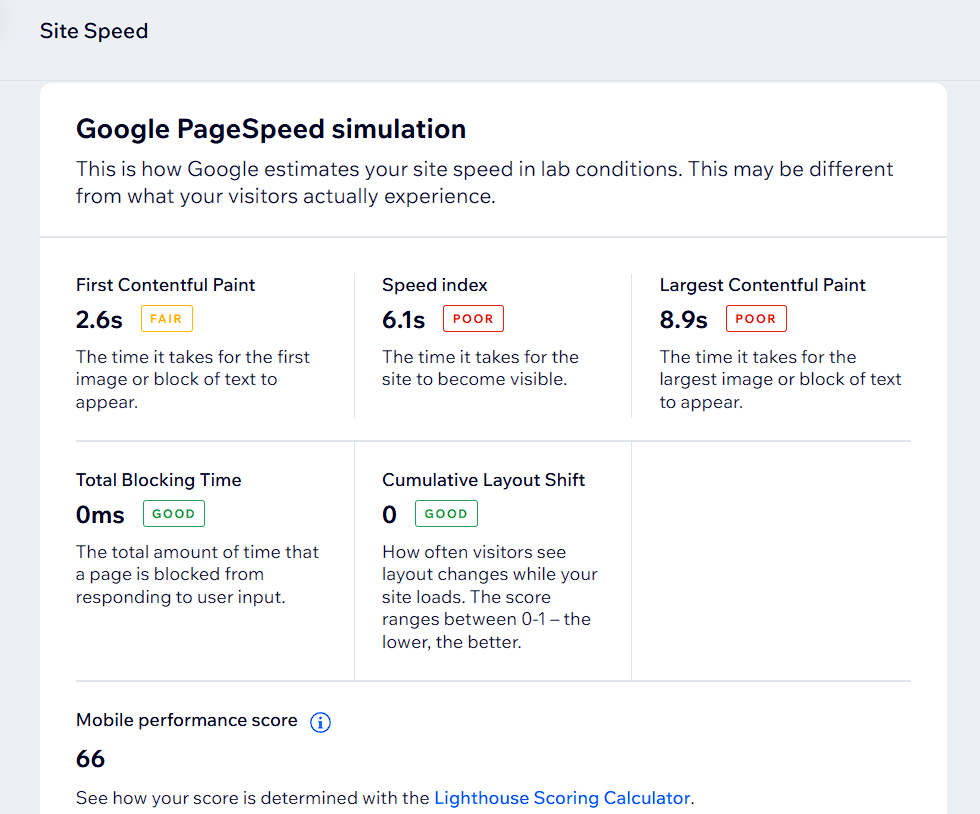 Wix page speed control analytics panel