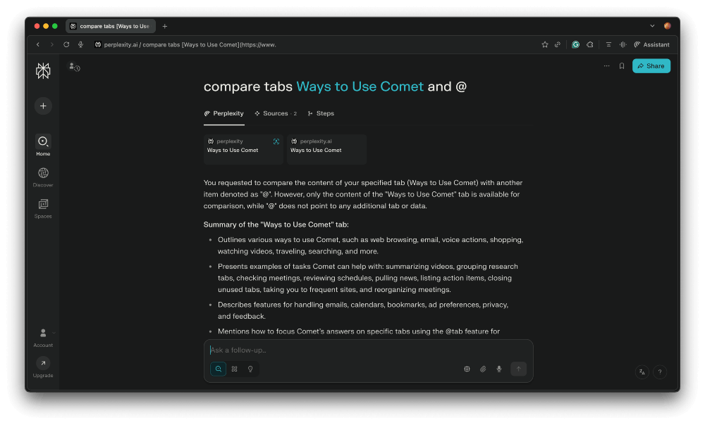 Perplexity Comet cross-tab search feature