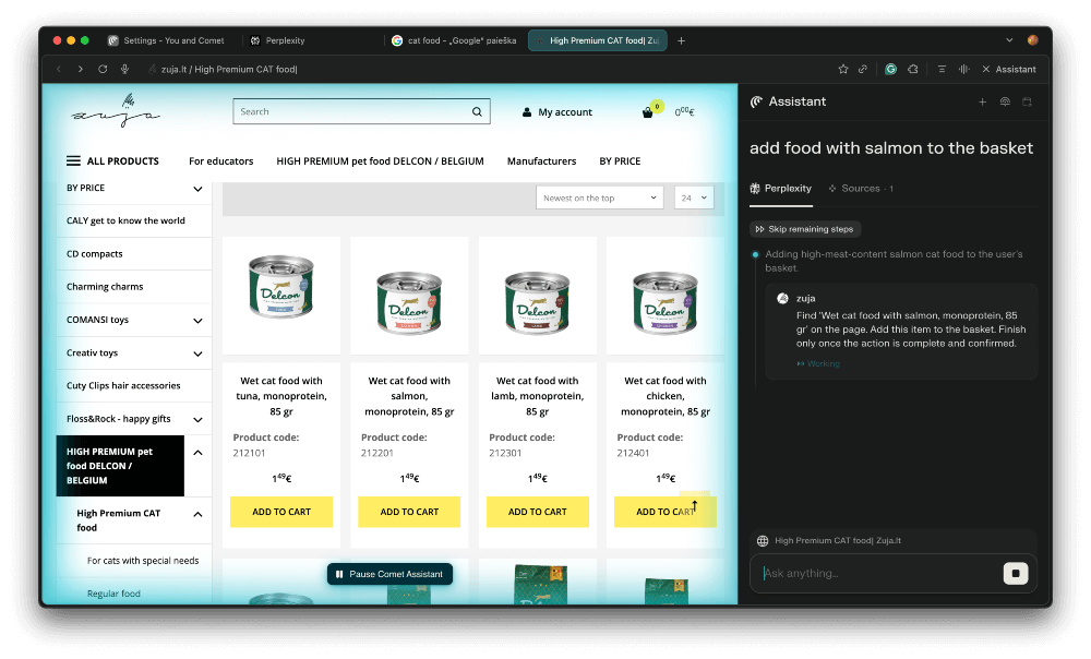 Cat food search test with Perplexity Comet
