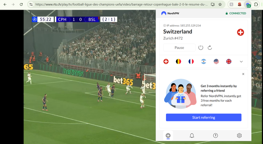 NordVPN connected to switzerland
