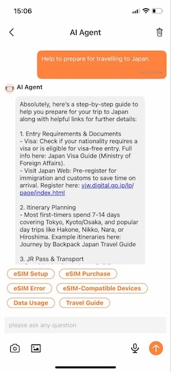 AI travel assistant giving step-by-step guidance for a Japan trip