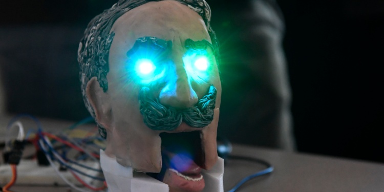 A freaky photo of a history teacher made as a bot, with glowing green eyes.