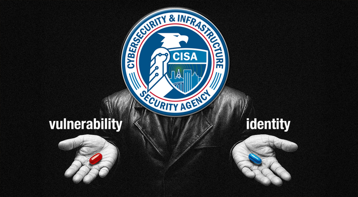 black leather jacket, open man palms, red vulnerability pill, blue identity pill