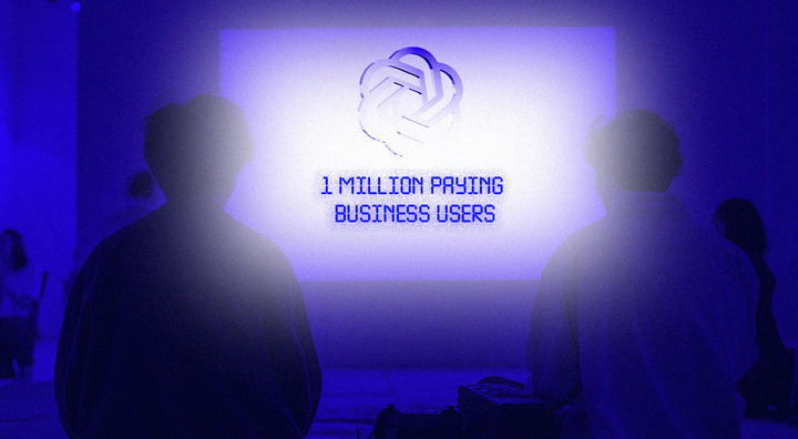 five silouettes of people in blue light, chat gpt logo, 1 million users