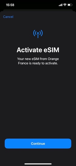 iPhone screen confirming that the new eSIM is ready to activate