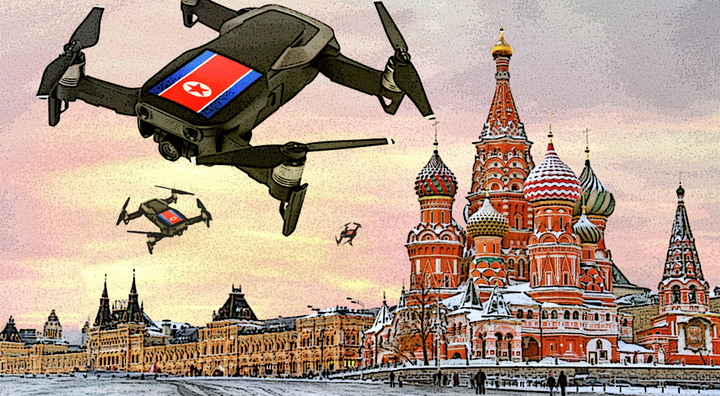 drone, north korean flag, kremlin building, moscow centre