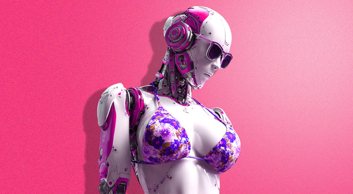 grey female bot with big breasts, floral blue and pink bra, headphones