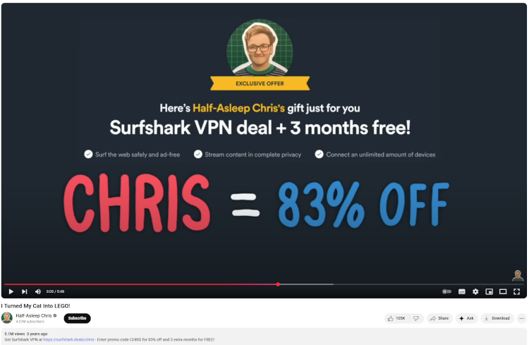 Half-asleep Chris video with a Surfshark coupon code