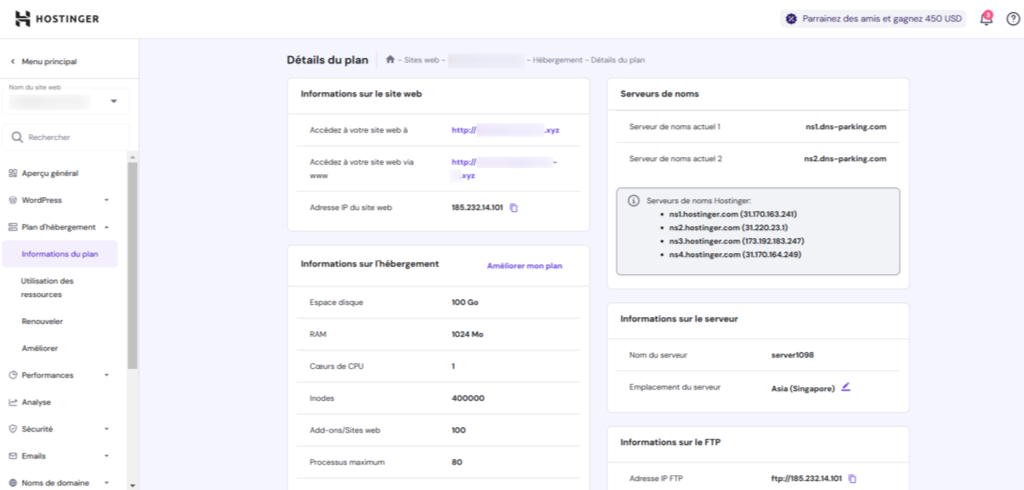 Hostinger account management dashboard fr