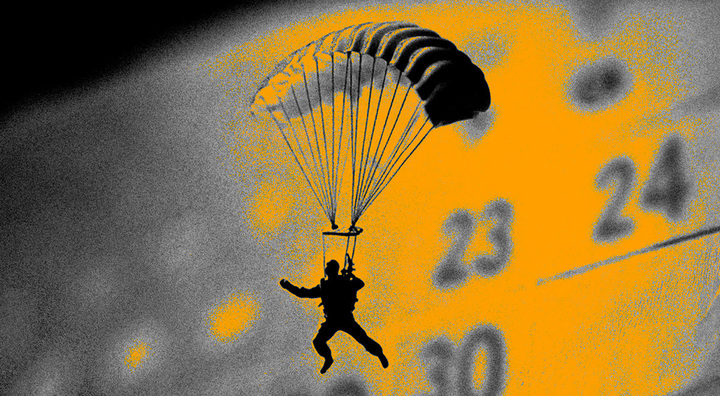 a man in a parachute jumping off a calendar, orange and black