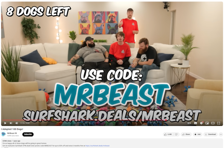 MrBeast video with a Surfshark coupon code