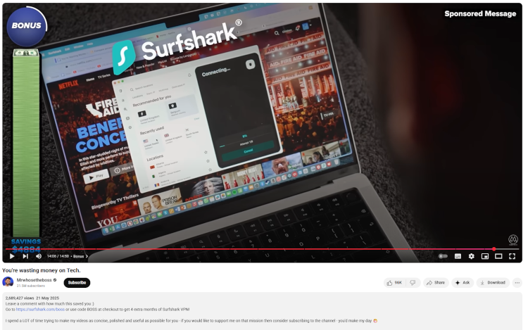 Mrwhosetheboss video with a Surfshark coupon code