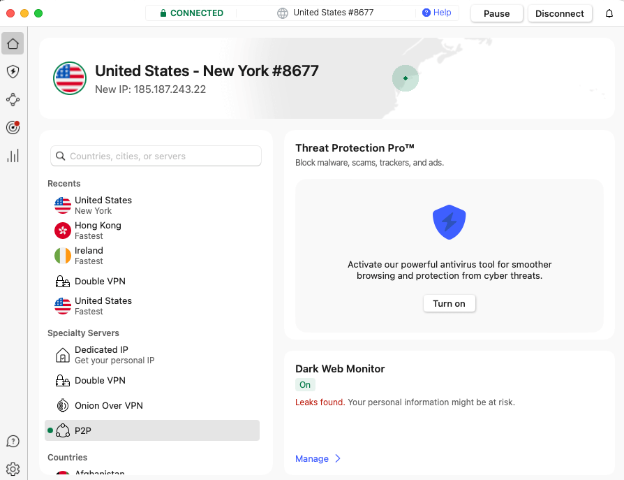 NordVPN connected to US New York