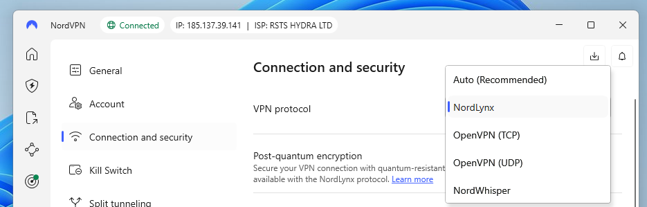 NordVPN protocol selection, new interface