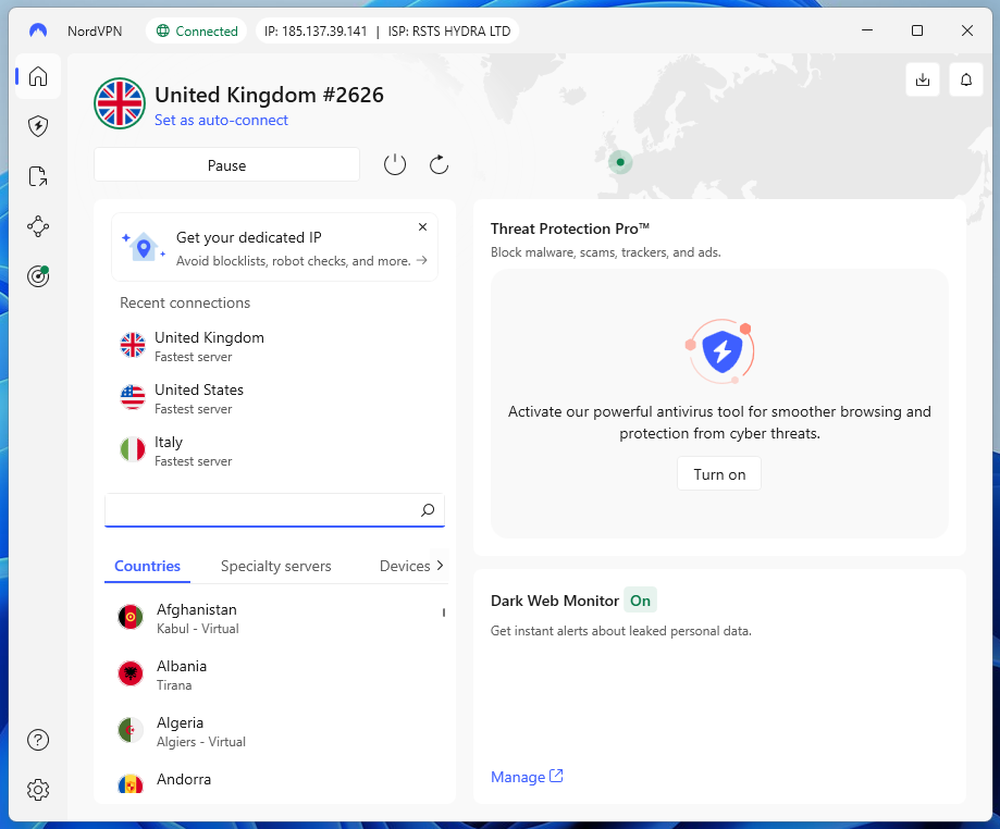 NordVPN connected to UK server, new interface, September