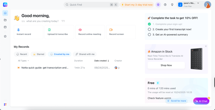 Notta.ai dashboard