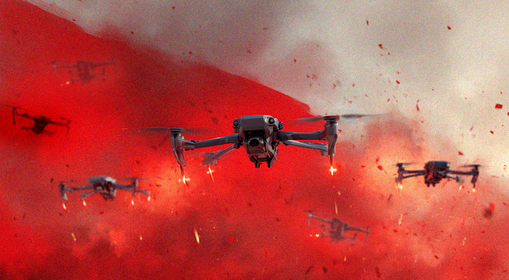 a sky in the colors of the polish flag, red and white, drone flying, black debris