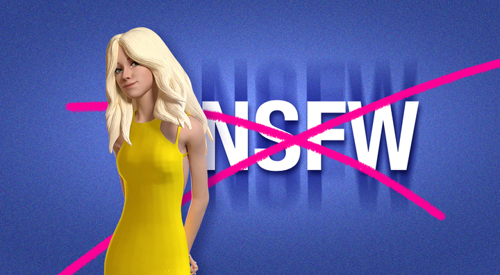 bot white girl, yellow dress, blonde, crossed over in pink NSFW