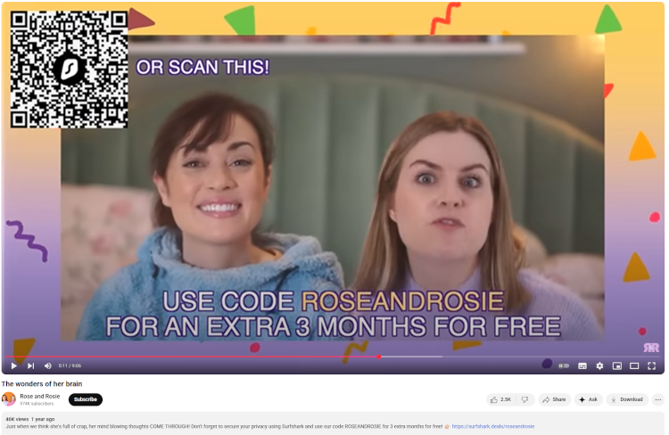 Rose and Rosie video with a Surfshark coupon code
