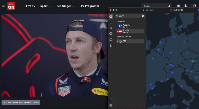 servus tv connected to nordvpn austria server