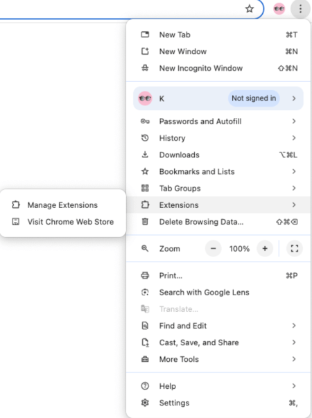 Selecting extensions on Chrome