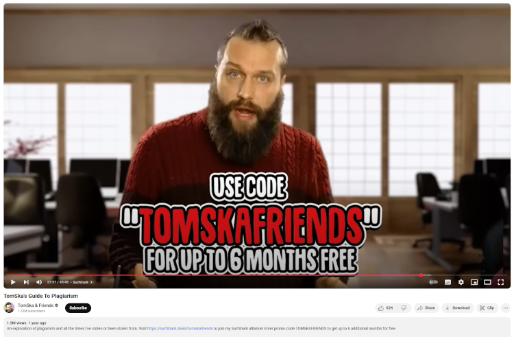 TomSka video with a Surfshark coupon code