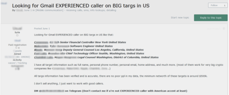 a screenshot, looking for gmail EXPERIENCED caller on BIG targs in US