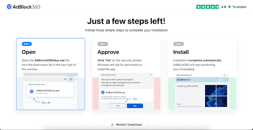 AdBlock 360's installer page, showing installation steps