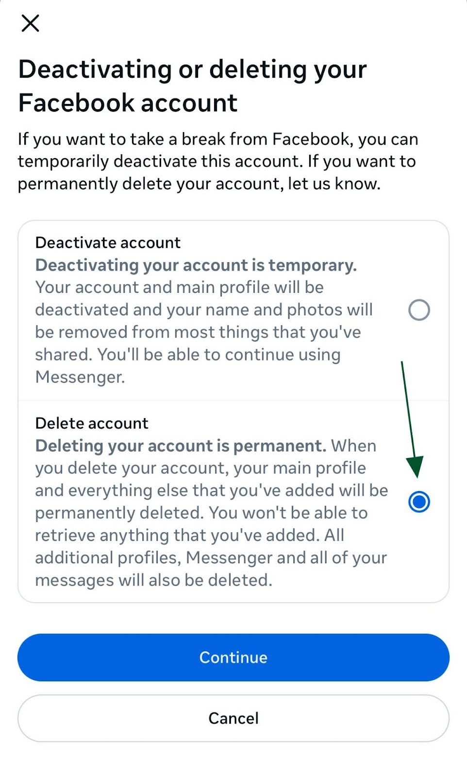 Select Delete account tap Continue