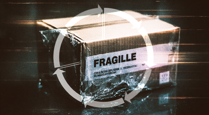 a carton box, fragile sign, white supply chain arrows going in a circle