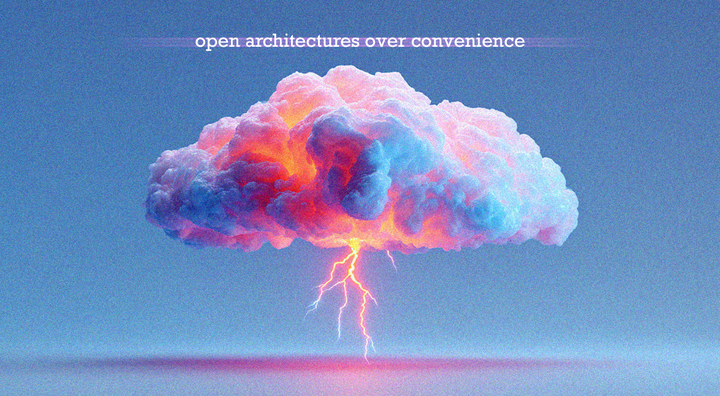 a blue, white and white cloud, orange hot lightning, open architecture over convenience