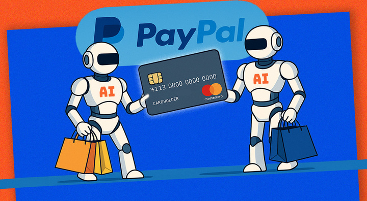 two white AI bots, huge grey mastercard, shopping bags, paypal logo