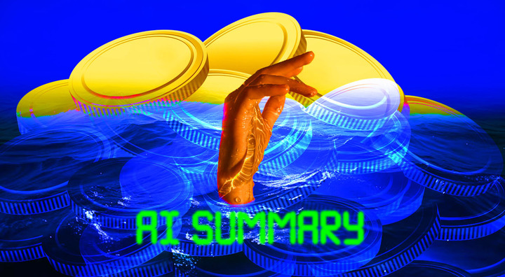orange human hand emerging from transparent blue coins, AI summary green sign