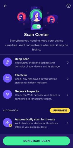 Avast scan center available on mobile app