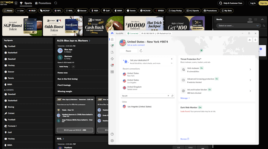 BetMGM accessed with NordVPN