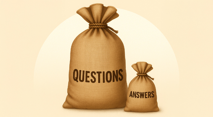 big light brown bag, questions, small light brown bag, answers, brown rope