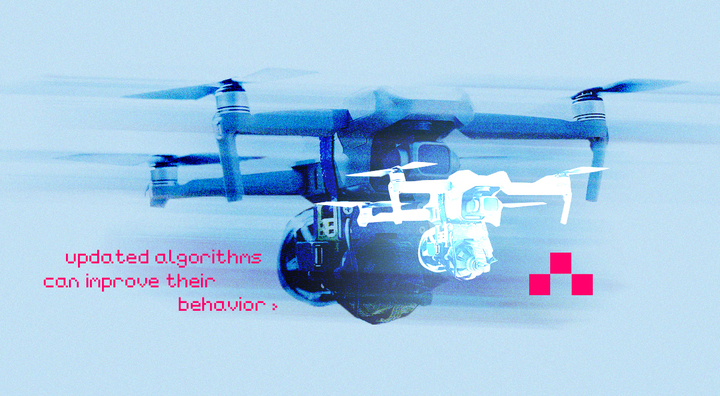 dark blue and gray drone and silver small drone, red sign on algorithms