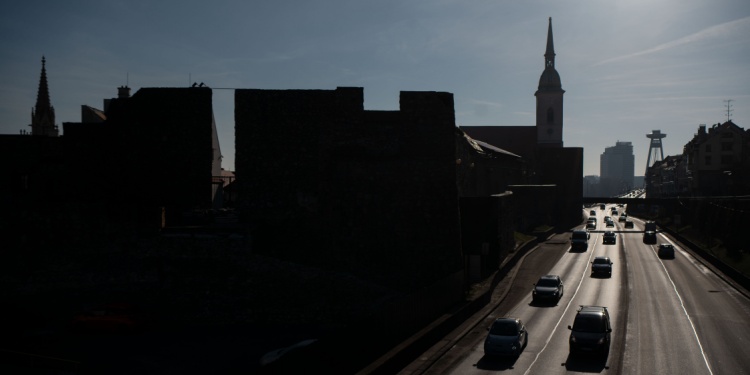 Bratislava and traffic in dark conditions.