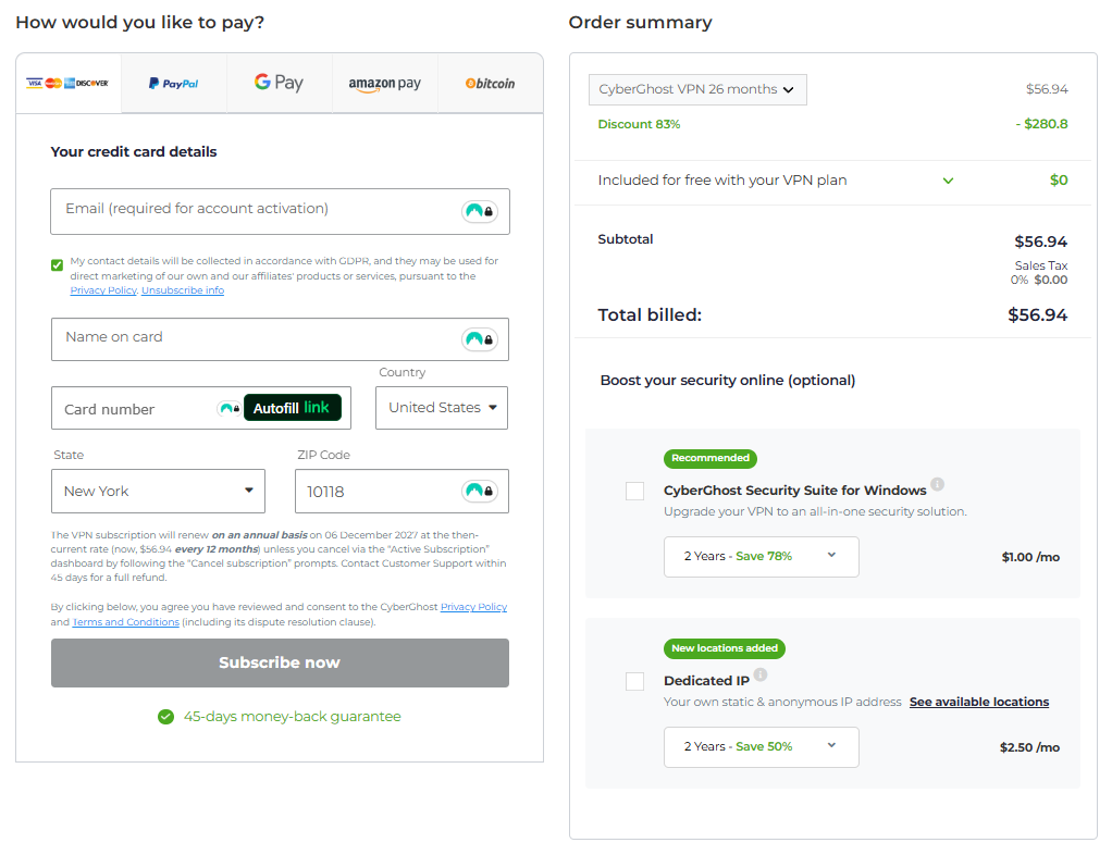 CyberGhost checkout