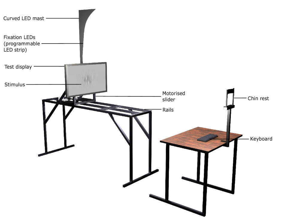 white background, metal frame, grey monitor, brown wood desk