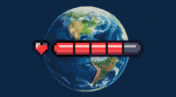 pixelated earth seen from space, heart, red line