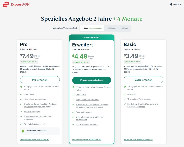 ExpressVPN Logo, Preisübersicht, weißer Hintergund